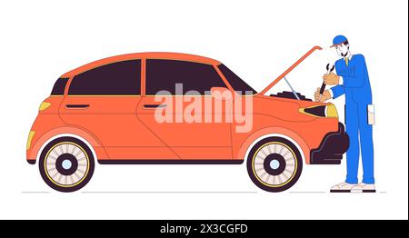 Caucasian male mechanic repairing car line cartoon flat illustration Stock Vector