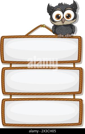 Adorable owl perched on empty wicker signboards. Stock Vector