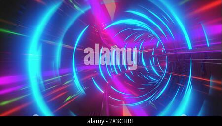 Image of circular tunnel and multicolored lines moving over black background Stock Photo