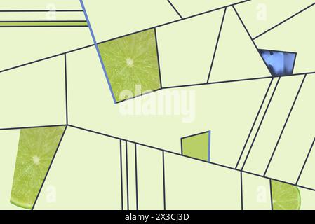 Abstraction: green and blue geometric shapes combined with photos of fruits. Vector pattern. Stock Vector