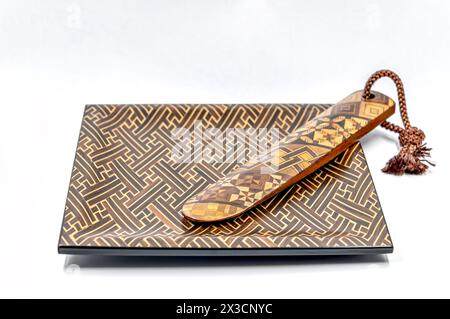 Letter opener set handcrafted in traditional Japanese Yosegi-zaiku wooden inlaid work style Stock Photo