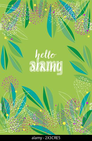 Green background with a floral frame and hello spring text in the middle Stock Vector