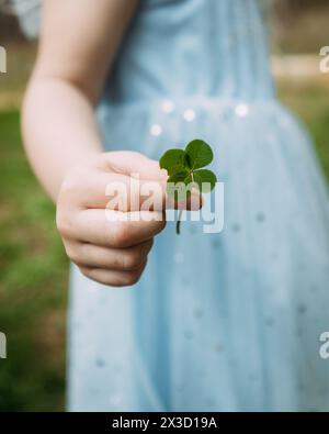 Child hand holding lucky four leaf clover during springtime Stock Photo