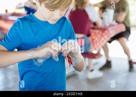 Close up of boy concentrating on boiled crawfish in hand Stock Photo