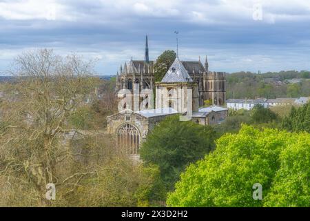 The Fitzalan Chapel and Arundel Cathedral set in amongst the trees and taken from the battlements of Arundel Castle Stock Photo