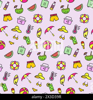 summer party seamless pattern, vector illustration coloured, pink background Stock Vector