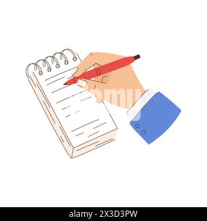 A person is writing on a notepad with a red pen. The notepad is open to a page with a list of items. The person is jotting down ideas or reminders. Fl Stock Vector
