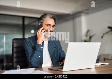 Happy mature business man talking on cell phone working on laptop in office. Stock Photo