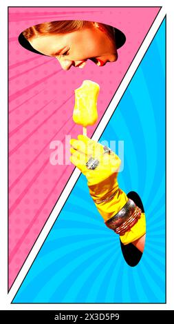 Female hand in rubber glove with luxurious jewelry giving ice cream with female face sticking out hole. Comics. Contemporary art collage. Stock Photo