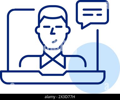 Man in video call on laptop interface. Real time communication for work or study purposes. Pixel perfect, editable  Stock Vector
