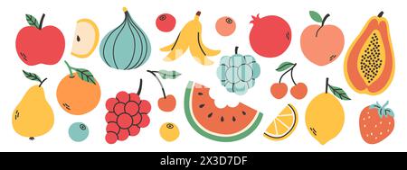 Set of different fruits and berries. Collection of organic vitamins and healthy nutrition. Watermelon, banana, peach Stock Vector