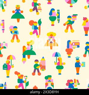 Children seamless pattern. Modern minimalistic design of crowd of people with school supplies or drawing supplies. Stock Vector