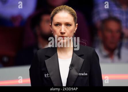 Referee Tatiana Woollaston on day seven of the 2024 Cazoo World Snooker Championship at the Crucible Theatre, Sheffield. Picture date: Friday April 26, 2024. Stock Photo