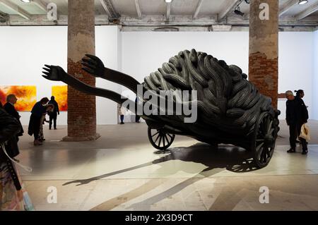 Venice, Italy - April 17, 2024: Installation by Brett Graham titled Wastelands exposed at the Arsenale during the 60th International Art exhibition of Stock Photo