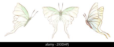 Fluttering delicate white green butterflies. Set of abstract watercolor tropical insects. Hand drawn illustration. Decorative elements Stock Photo