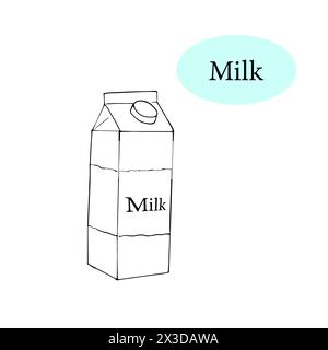 Hand-drawn Milk carton icon. Dairy product packaging illustration. Vector outline milk carton icon. Isolated on white background. Stock Vector