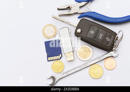 car key, tools and memory card, symbolic image for the emissions scandal, Dieselgate Stock Photo