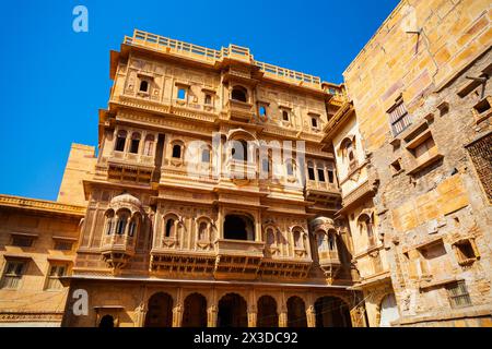 Rajasthan heritage building made of yellow limestone known as the Patwon ki Haveli in Jaisalmer city in India Stock Photo