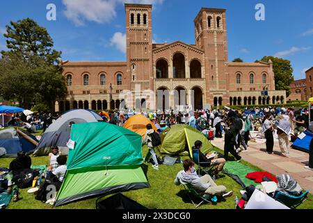 Los Angeles, USA. 26th Apr, 2024. People participate in a pro-Palestinian protest at the University of California, Los Angeles (UCLA), California, the United States, on April 25, 2024. Hundreds of protesters gathered and built a protest encampment in support of Palestinians on Thursday at UCLA, one of the top public universities in the United States. Credit: Xinhua/Alamy Live News Stock Photo