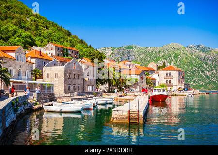 Boats in the port of Perast town on the Bay of Kotor in Montenegro Stock Photo