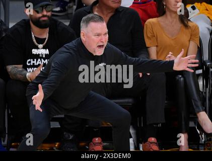 Los Angeles, Unite States. 25th Apr, 2024. Denver Nuggets coach Michael Malone calls a play against the Los Angeles Lakers during the second half in Game 3 of their Western Conference first-round playoff series at Crypto.com Arena in Los Angeles on Thursday, April 25, 2024. Photo by Jim Ruymen/UPI Credit: UPI/Alamy Live News Stock Photo