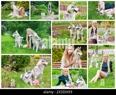 Collage with husky dogs and two beautiful girls in green garden Stock Photo