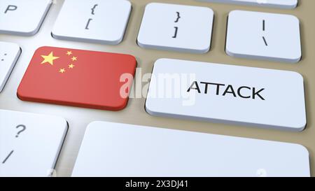 China Country National Flag and Text Attack on Button. War 3D Illustration. Stock Photo