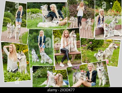 Collage with two beautiful girls with husky dogs in summer garden Stock Photo