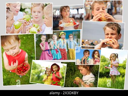 Collage of eighteen eating people (twelve models), children with ice cream, fast food, fruits, berries Stock Photo