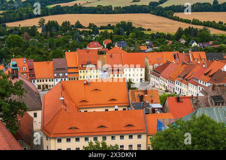 View over the town centre with its market square, which has been declared a cultural monument, and the surrounding area of Stolpen, Saxony, Germany. Stock Photo