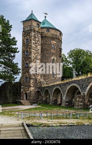 Stolpen Castle, partial ruin of a medieval hilltop castle, later a palace and a fortress, founded on the basalt hill of Stolpen, Saxony, Germany. Stock Photo