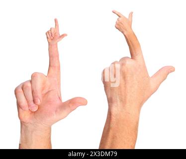 Collage with senior man hands show forefinger, point gesture, hands with fingers on fingers Stock Photo