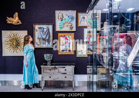 London, UK. 26th Apr, 2024. Items from the collection of Kenneth Partridge, the interior designer for the Beatles, including Martin Battersby's Still life with Chinese masks and fans, Estimate: £800 - 1,200 - A preview of the Collections sale at Bonhams Knightsbridge. Credit: Guy Bell/Alamy Live News Stock Photo