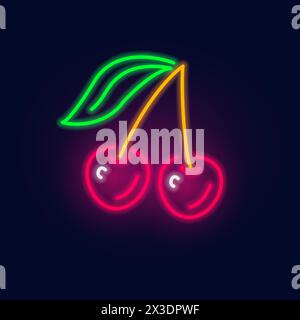 Fashion neon. Cherry sign. Night bright signboard, Glowing light berry. Summer logo, emblem for Club or bar concept Stock Vector