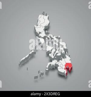 Davao region highlighted in red on a grey Philippines 3d map Stock Vector