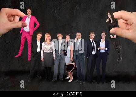 Two hands hold two people from different sides, seven people in a row, collage Stock Photo