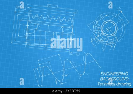 Mechanical engineering drawings on blue background. Cutting tools, milling cutter. Technical Design. Cover. Blueprint. Vector illustration. Stock Vector