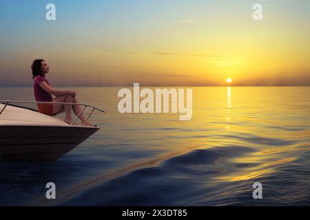 Woman sits on the bow of the boat at sunset, collage Stock Photo