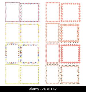 Minimalistic geometric floral empty frames collection. Square shapes with bright buds folk art. Stock Vector