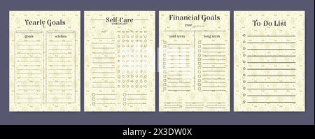 Business organizer paper sheets. Yearly planners worksheet mystic template set. Stock Vector