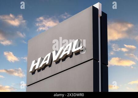 Samara, Russia - April 16, 2024: Stela with Haval logo against a sky background. Haval is a Chinese automaker Stock Photo