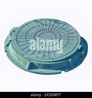Polymer-sand sewer manhole, green color, isolate on a white background, close-up. Stock Photo