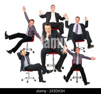 Businessmen on red office chairs, collage. Stock Photo