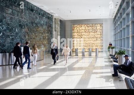 MOSCOW, RUSSIA - SEP 20, 2017: People walk through reception hall of Ducat Place III - one of the most famous and high-quality office centres in Mosco Stock Photo