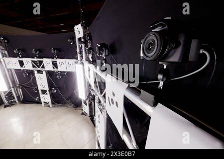 MOSCOW, RUSSIA - OCT 24, 2017: Lit place for shooting with multiple cameras. Stock Photo