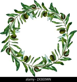 Wreath, round frame, Olive tree branch, leaves and flowers,  watercolor illustration, realistic, botanical, Mothers day Stock Photo