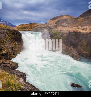 The Salto Grande is a waterfall on the Paine River, after the Nordenskjold Lake, within the Torres del Paine National Park in Chile Stock Photo