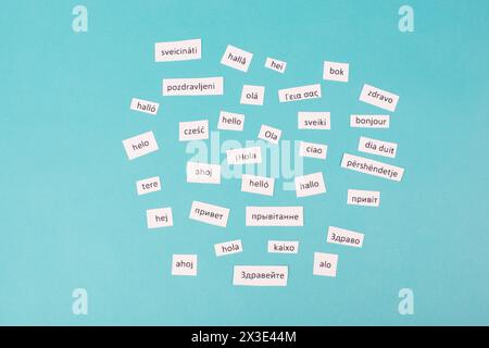 European languages, word hello in different language spoken in Europe, concept of multilingual business and community, multilingualism in the EU Stock Photo