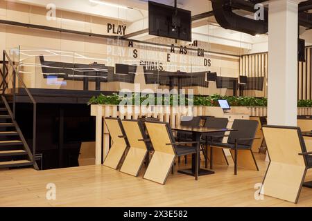 MOSCOW, RUSSIA - JAN 27, 2018: Interior of cafe in Pool School. Main mission of School is the popularization of billiard sports. Stock Photo
