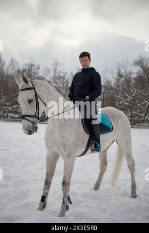 Horseman sits on horseback in winter park. Stock Photo